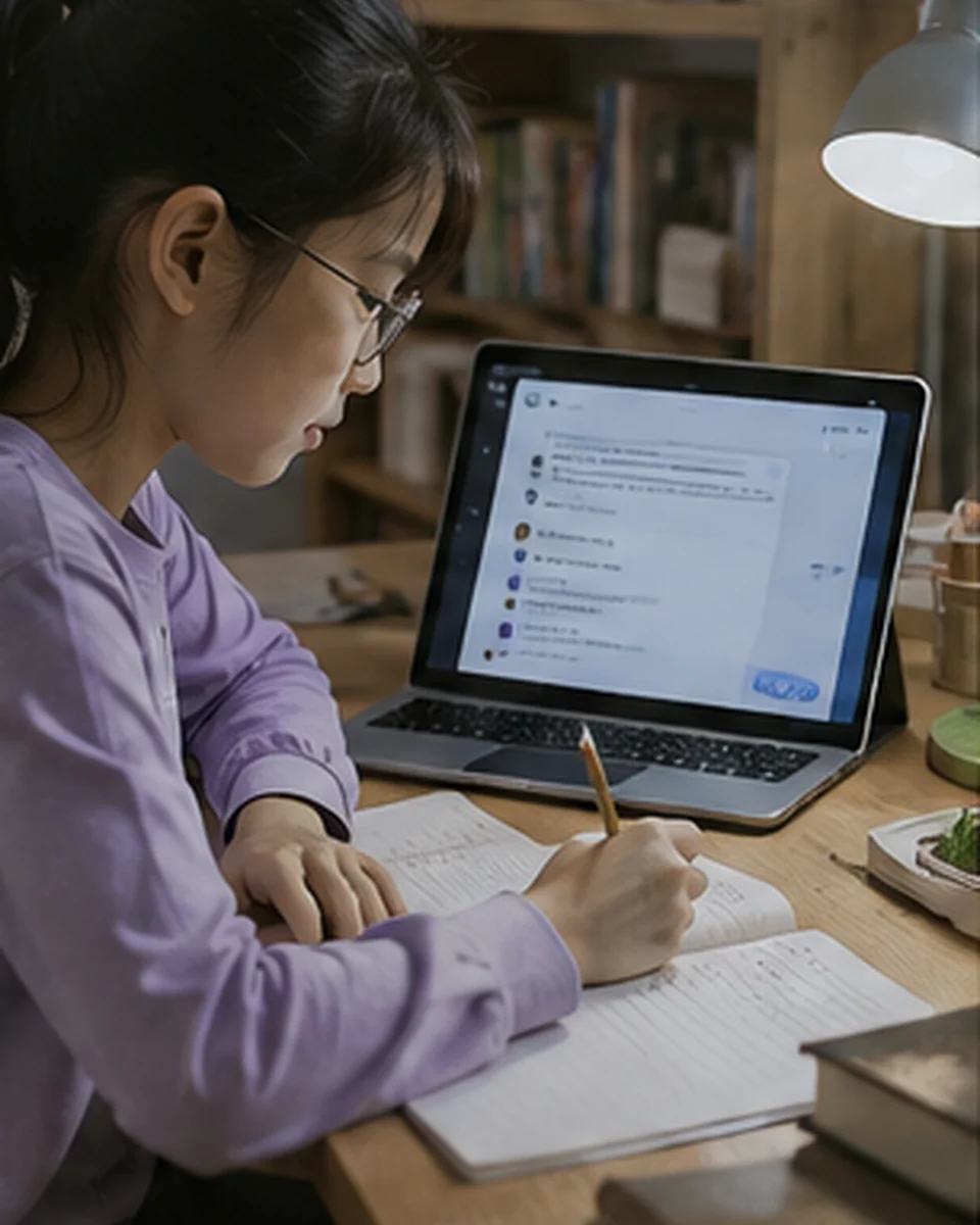 六年级女孩在书桌前使用AI辅助学习的示意照片